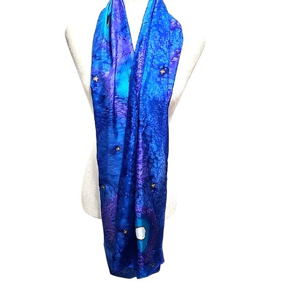 Signed Vibrant Blue Purple Gold White Silk Neck Scarf Gorgeous Floral Design - Picture 4 of 10